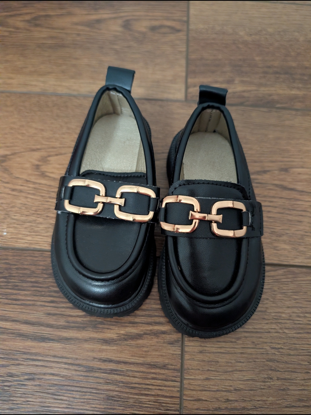 Baby Girls Black‎ Chunky Dress Loafers with Gold Chain Accent